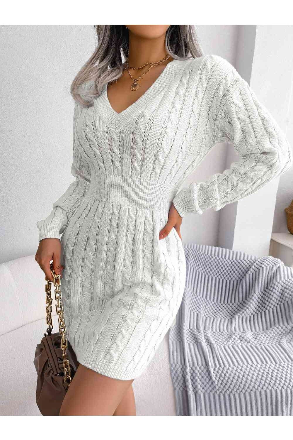 Cable-Knit V-Neck Mini Sweater Dress