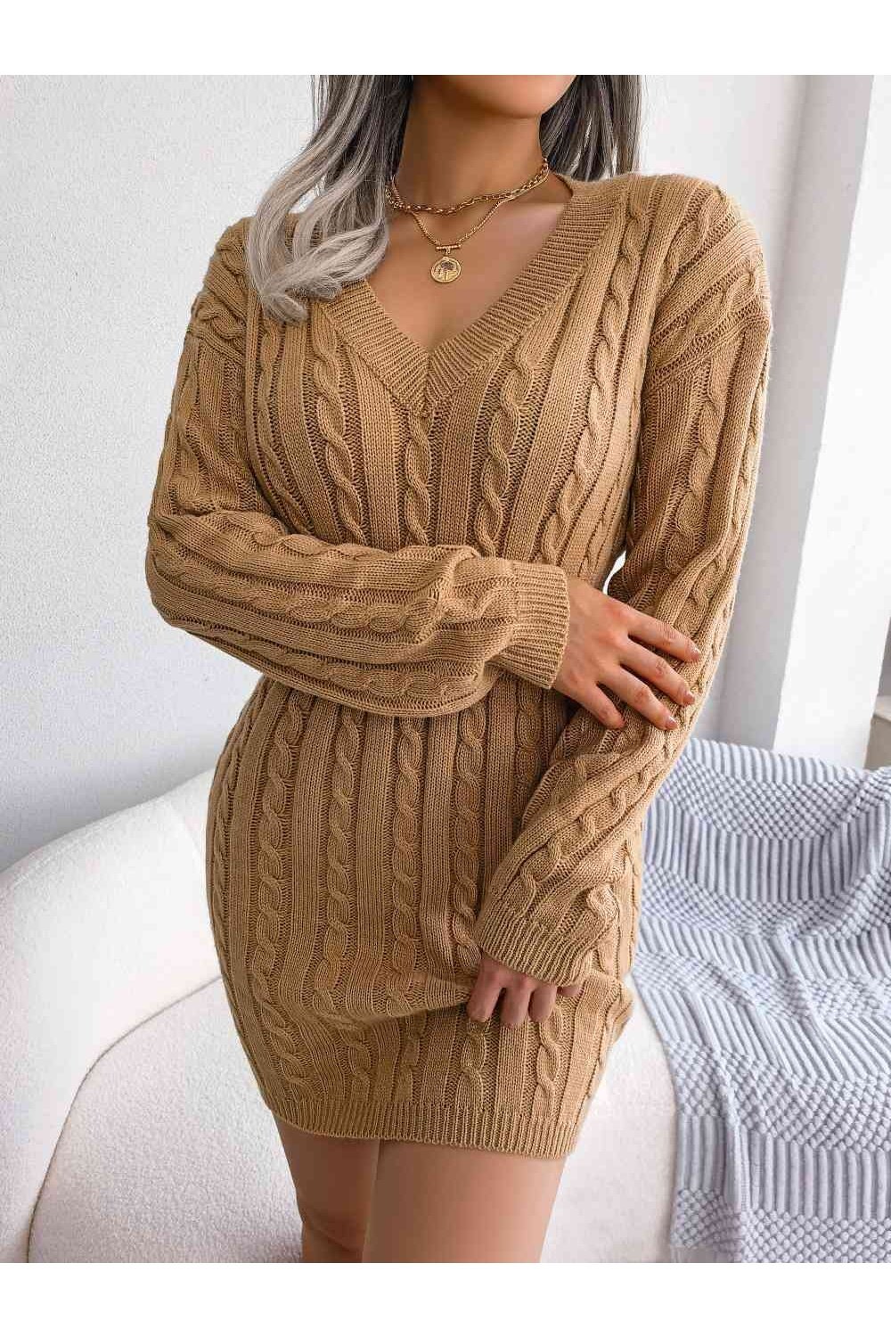 Cable-Knit V-Neck Mini Sweater Dress