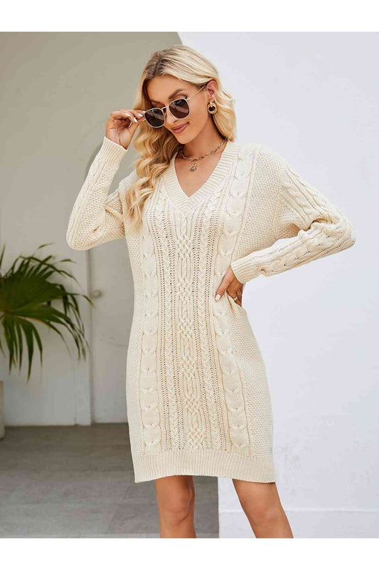 Cable-Knit V-Neck Mini Sweater Dress