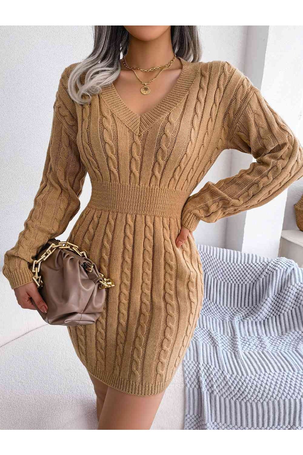 Cable-Knit V-Neck Mini Sweater Dress