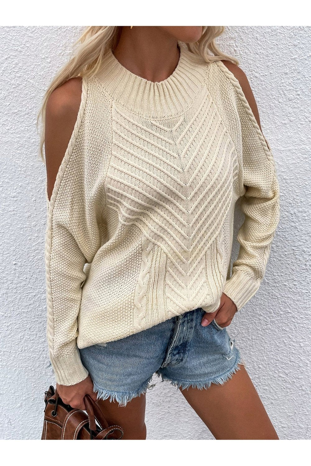 Cable-Knit Cold Shoulder Sweater