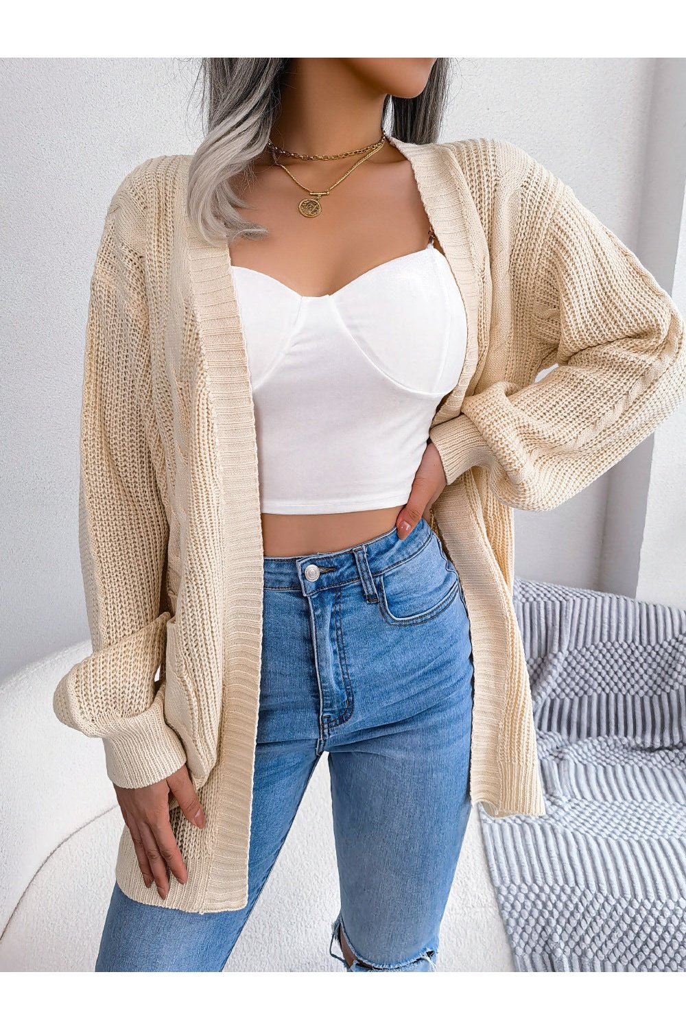 Cable-Knit Open Front Pocketed Cardigan