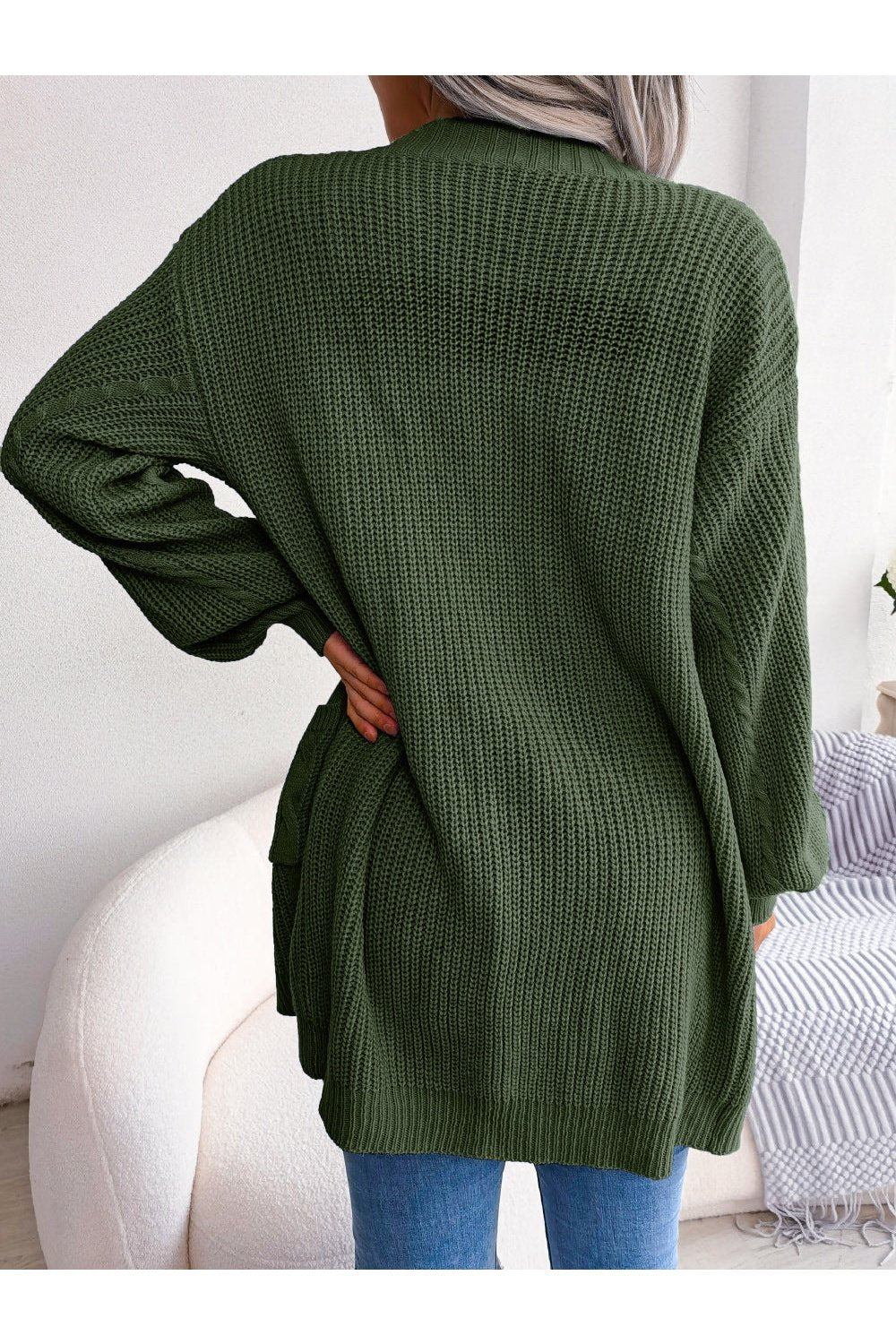 Cable-Knit Open Front Pocketed Cardigan