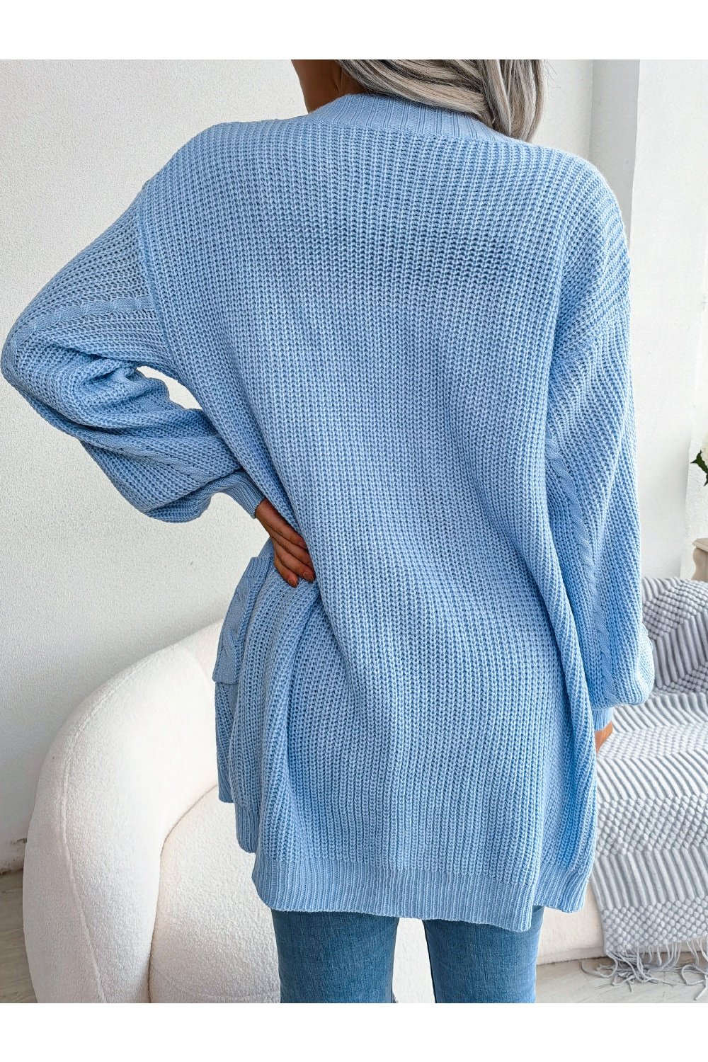 Cable-Knit Open Front Pocketed Cardigan