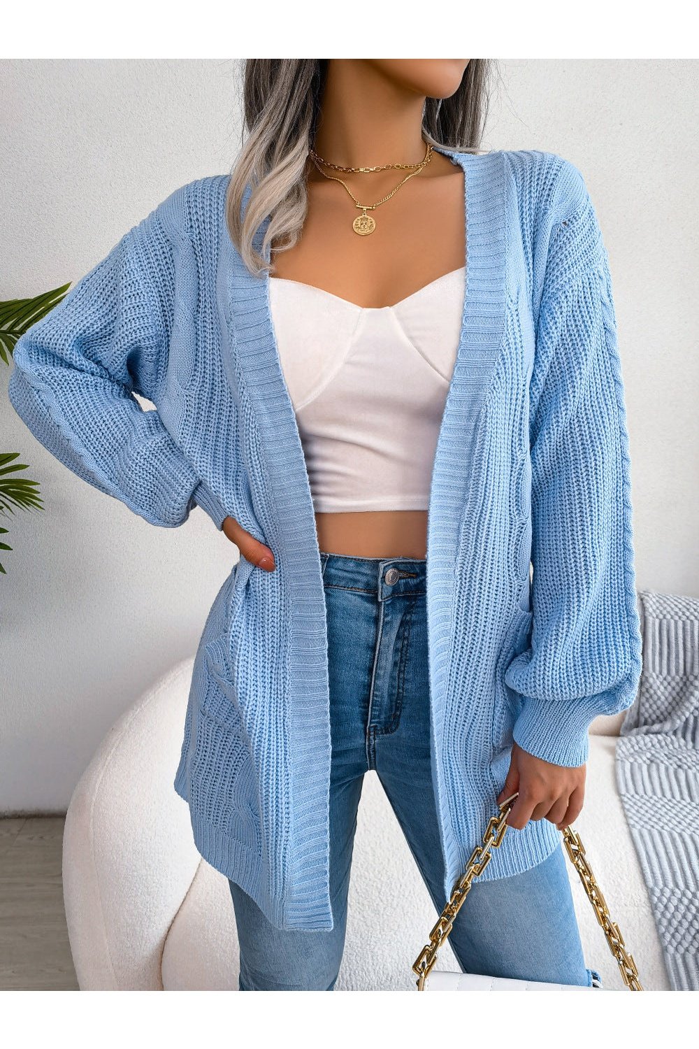 Cable-Knit Open Front Pocketed Cardigan