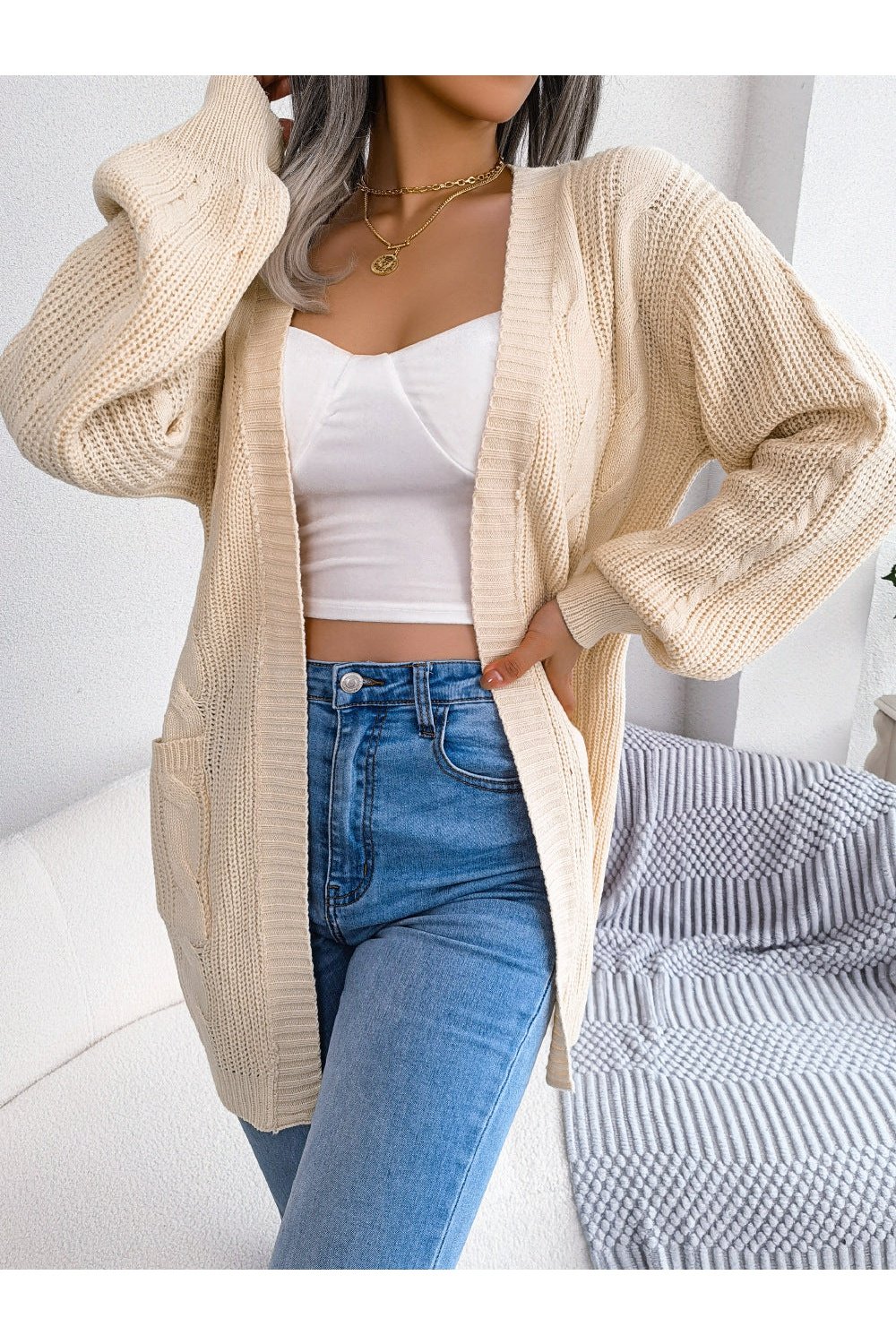 Cable-Knit Open Front Pocketed Cardigan