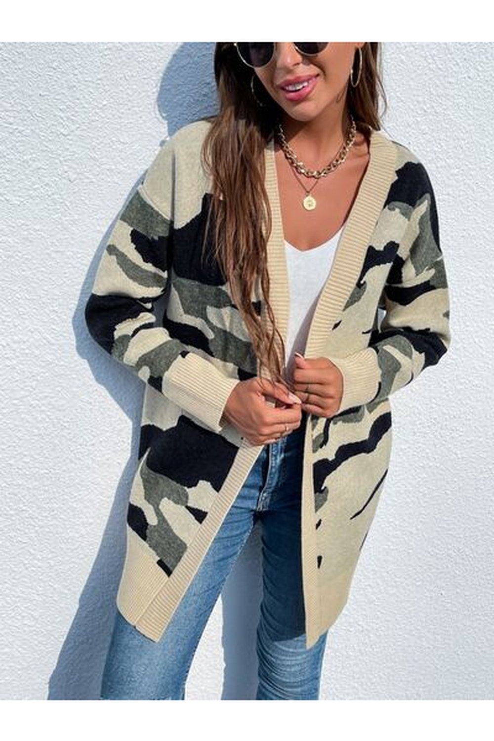 Camouflaged Dropped Shoulder Open Front Cardigan