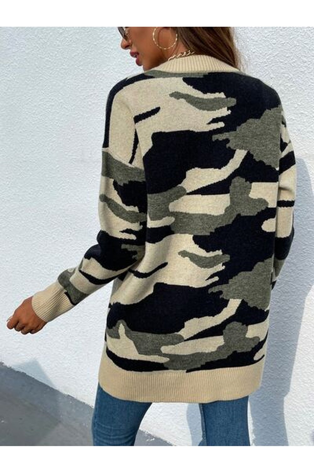 Camouflaged Dropped Shoulder Open Front Cardigan