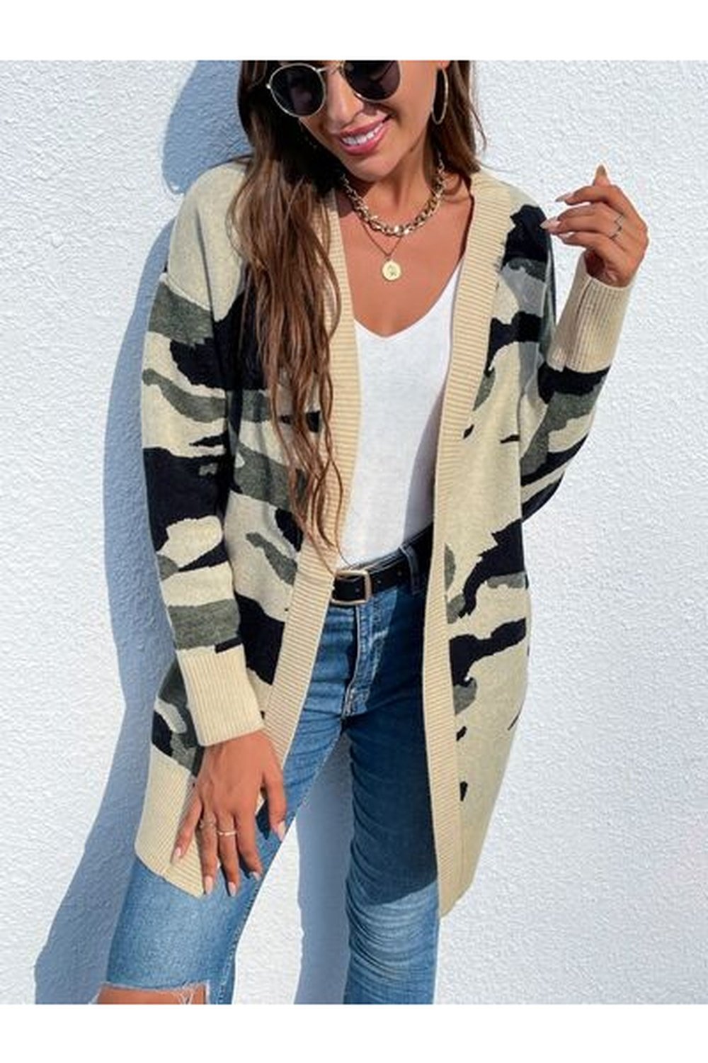 Camouflaged Dropped Shoulder Open Front Cardigan