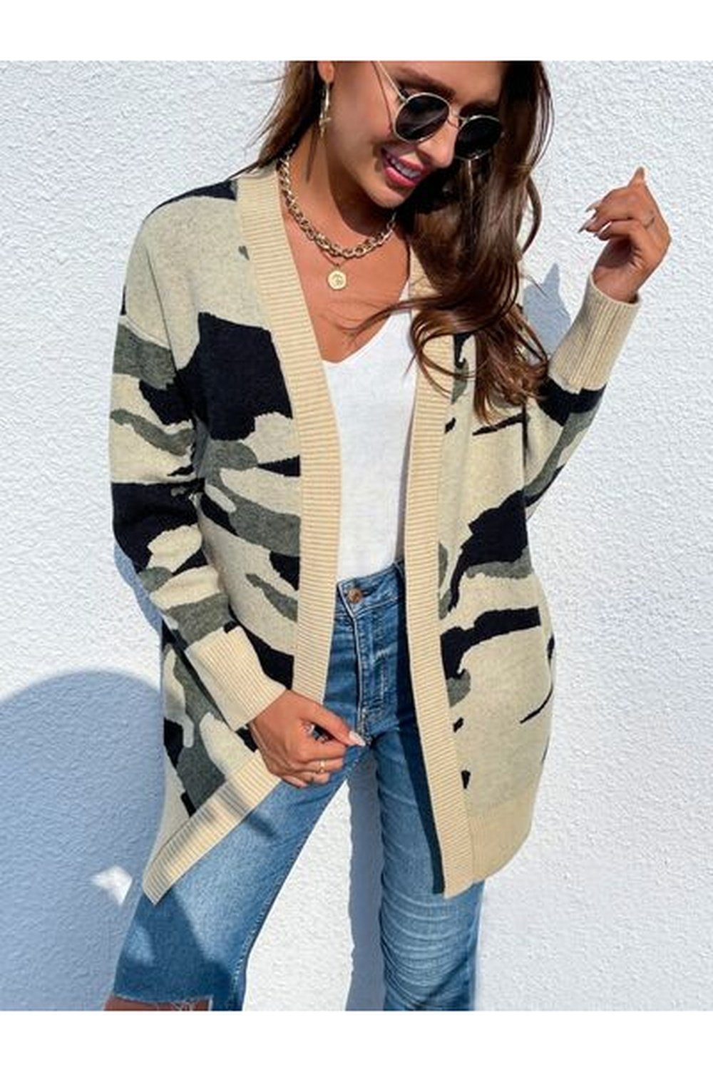 Camouflaged Dropped Shoulder Open Front Cardigan