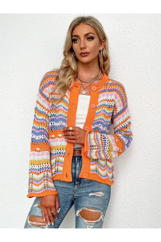 Chevron Stripes Openwork Cardigan