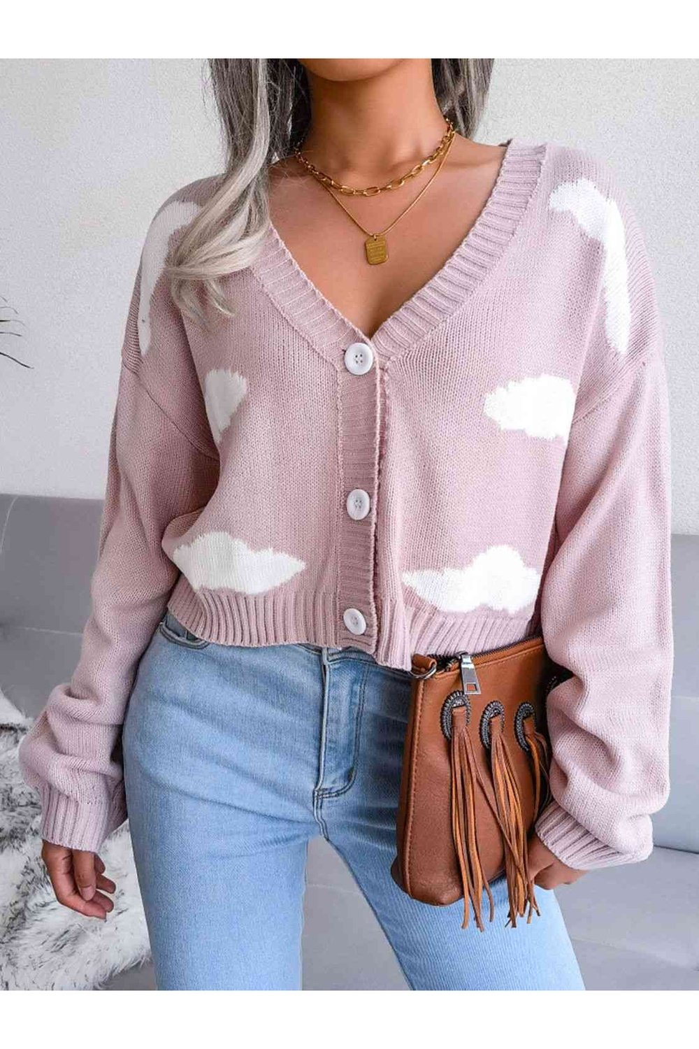 Cloud Print Button Down Ribbed Trim Cardigan