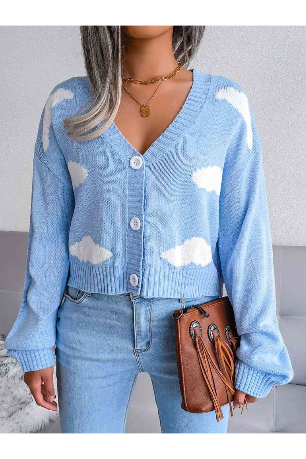 Cloud Print Button Down Ribbed Trim Cardigan