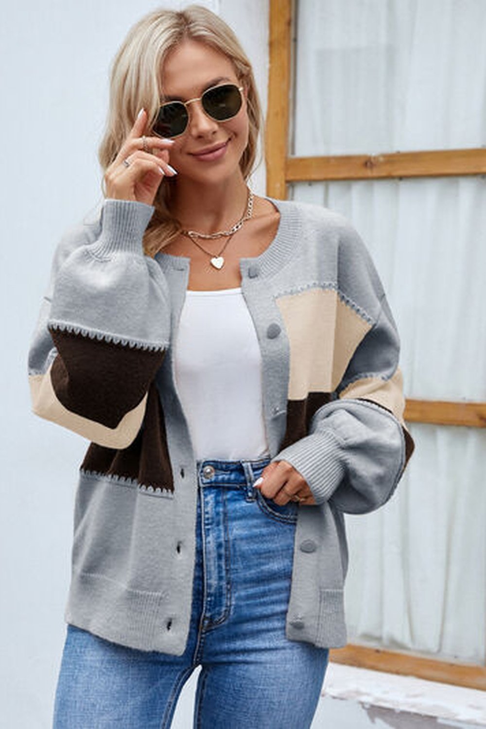 Color Block Button Up Lantern Sleeve Cardigan