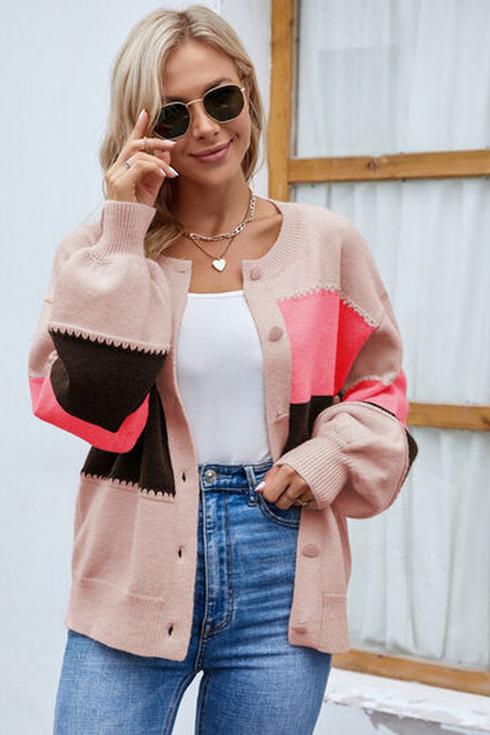 Color Block Button Up Lantern Sleeve Cardigan