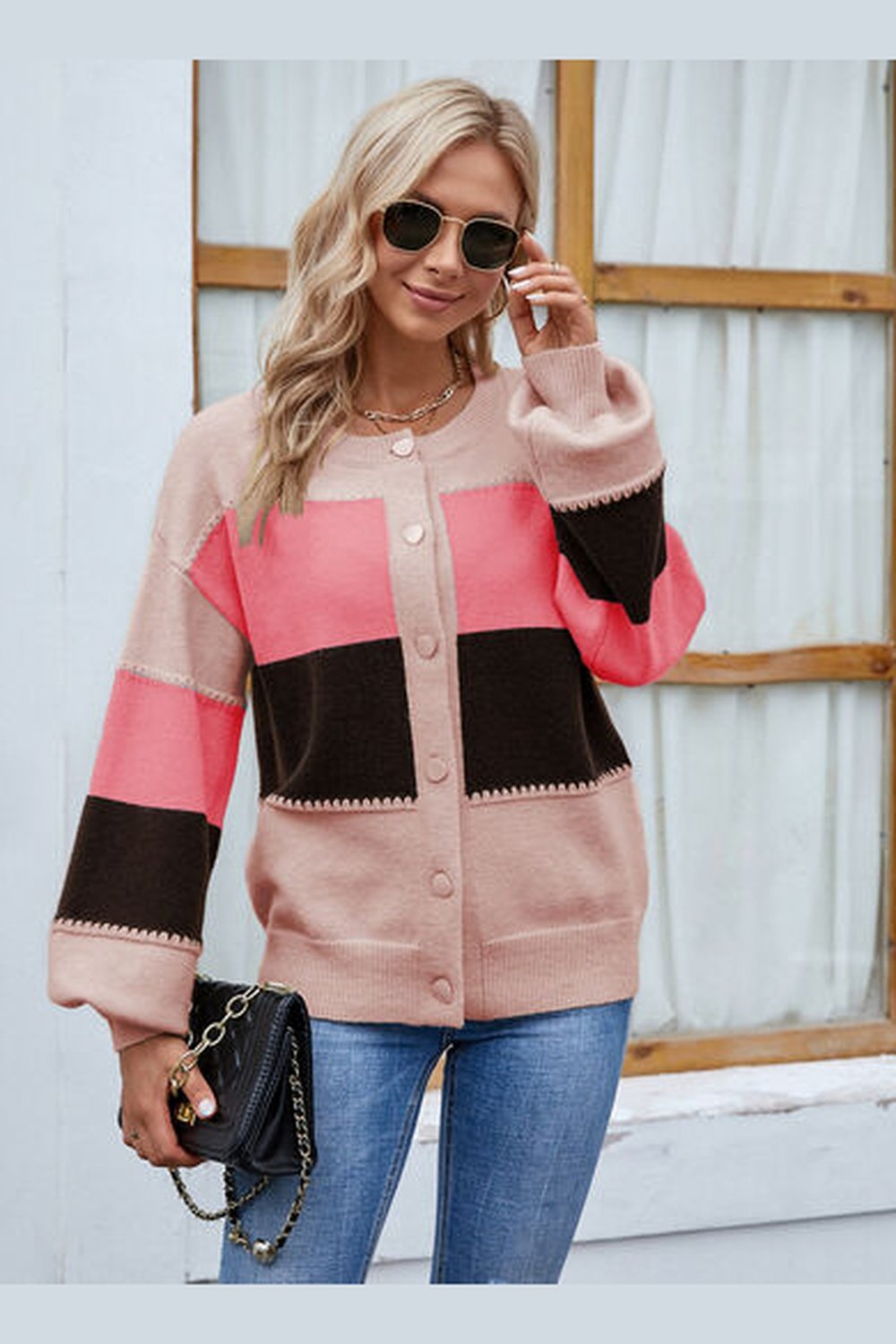 Color Block Button Up Lantern Sleeve Cardigan