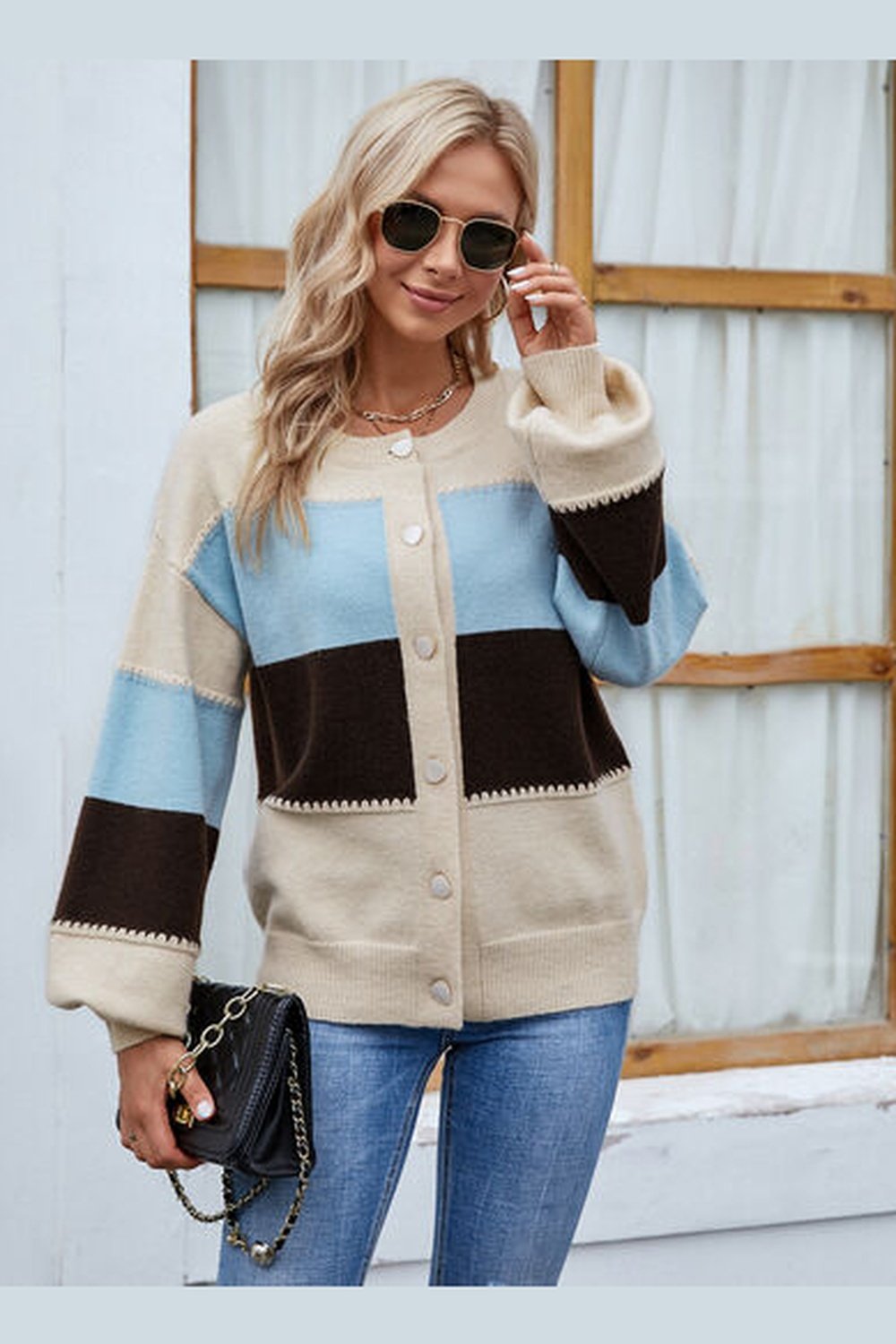 Color Block Button Up Lantern Sleeve Cardigan