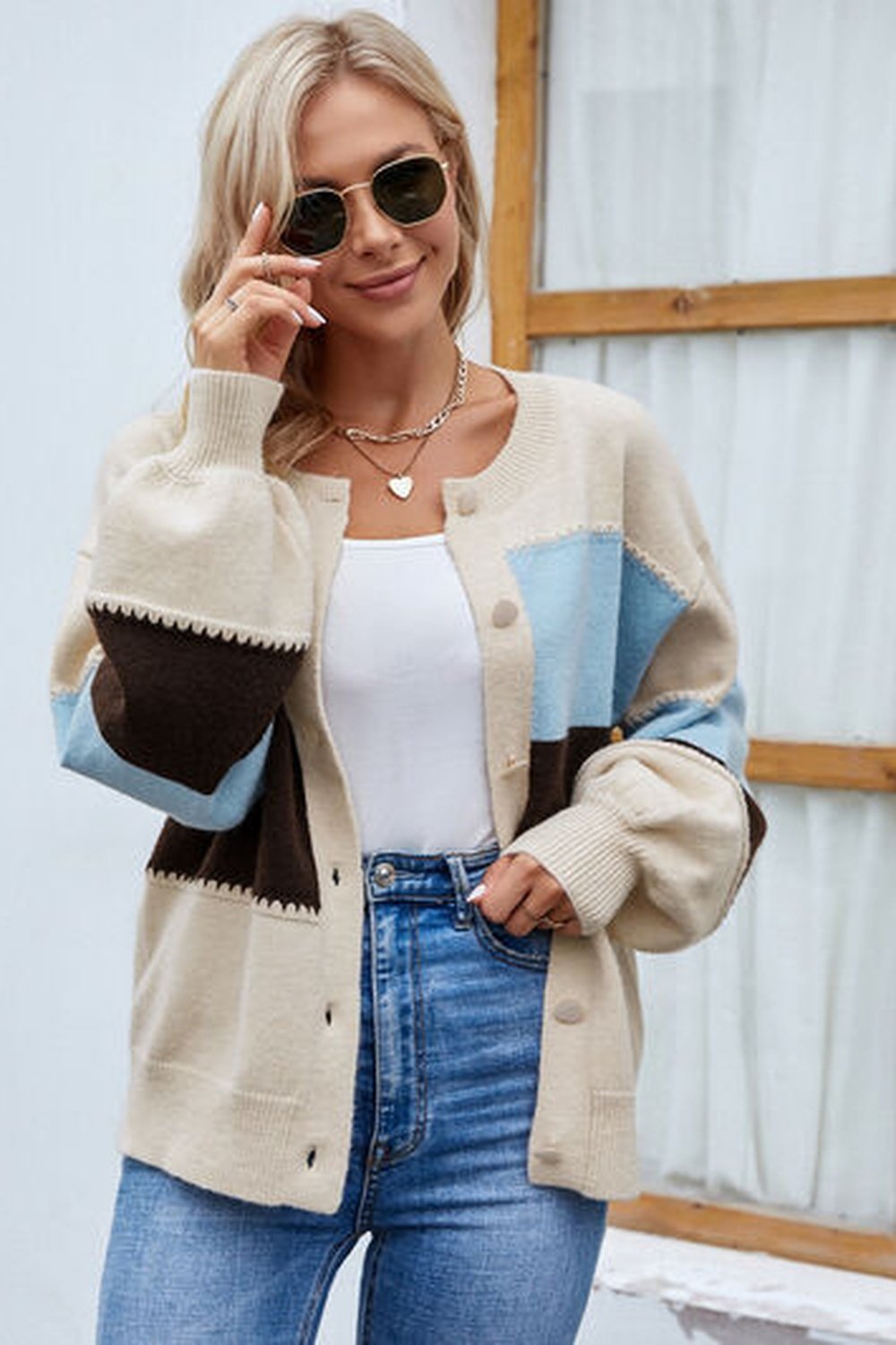 Color Block Button Up Lantern Sleeve Cardigan