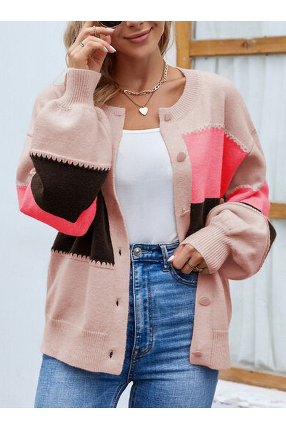 Color Block Button Up Lantern Sleeve Cardigan