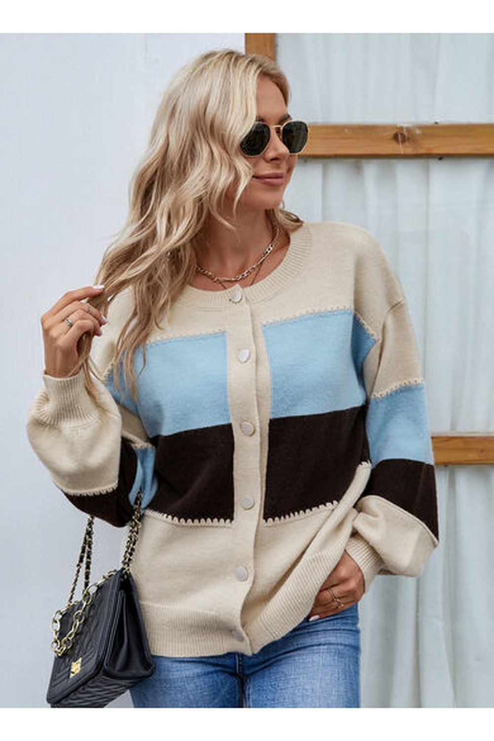 Color Block Button Up Lantern Sleeve Cardigan