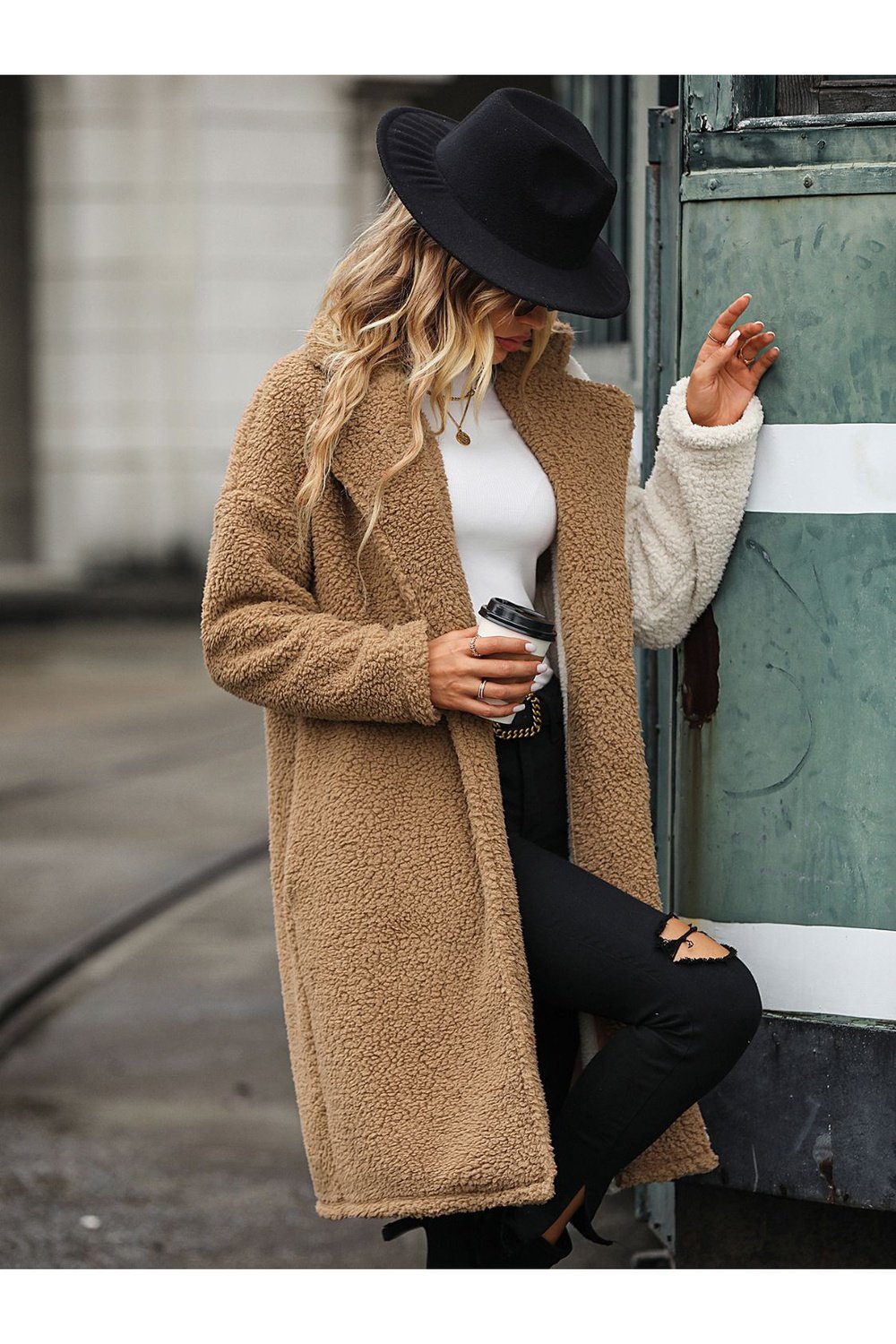 Contrast Dropped Shoulder Sherpa Coat