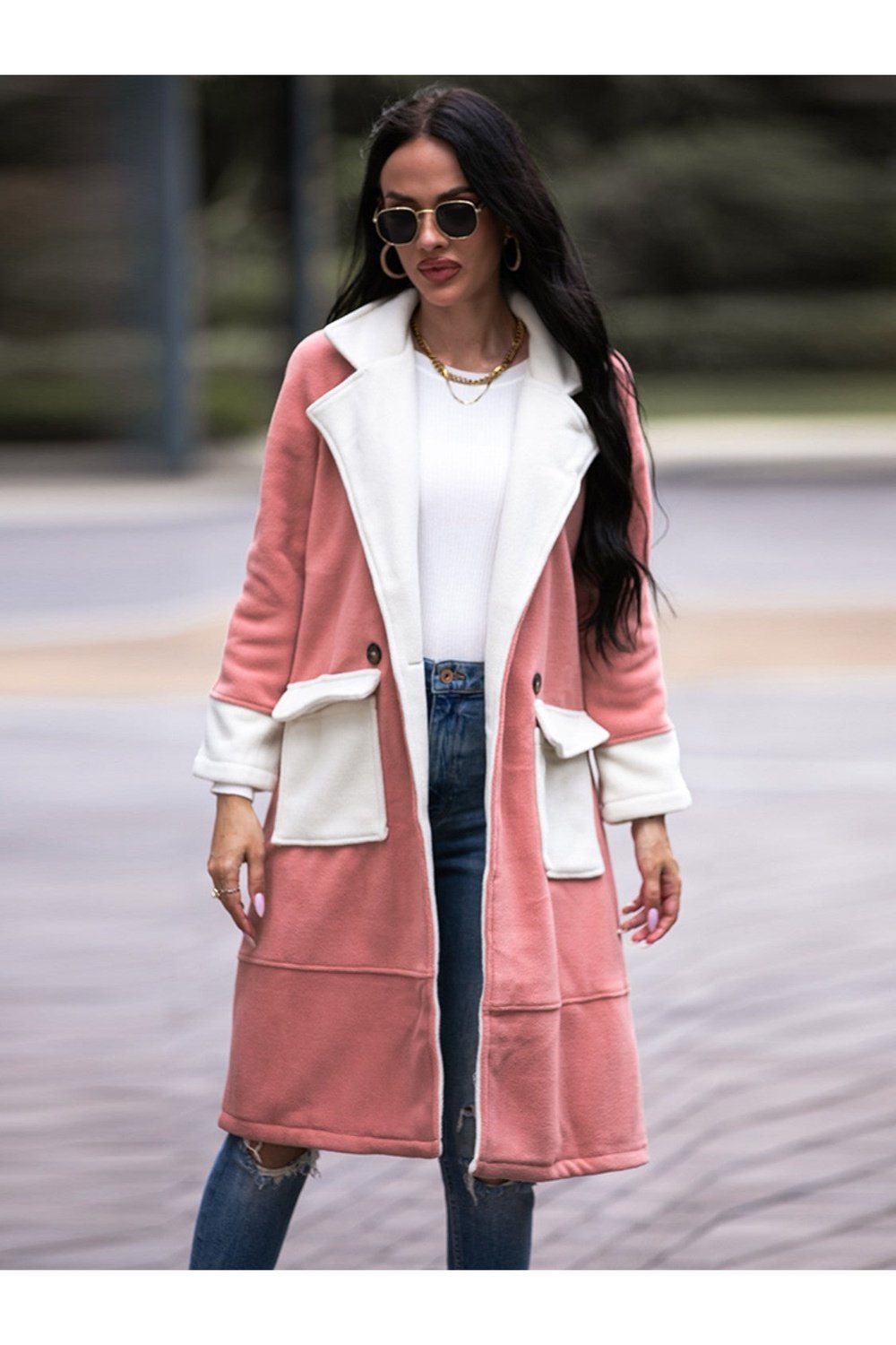 Contrast Lapel Collar Coat with Pockets