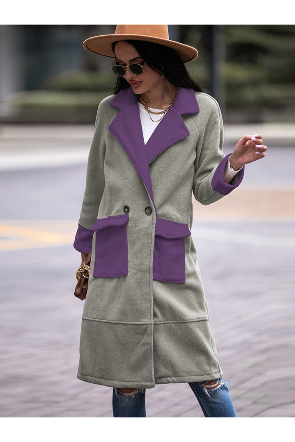 Contrast Lapel Collar Coat with Pockets