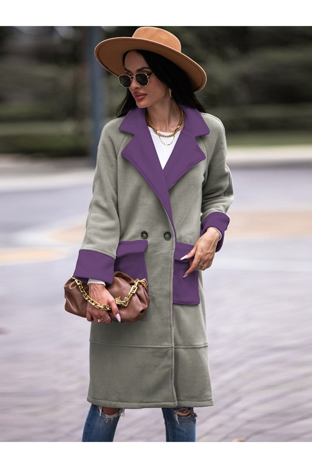 Contrast Lapel Collar Coat with Pockets