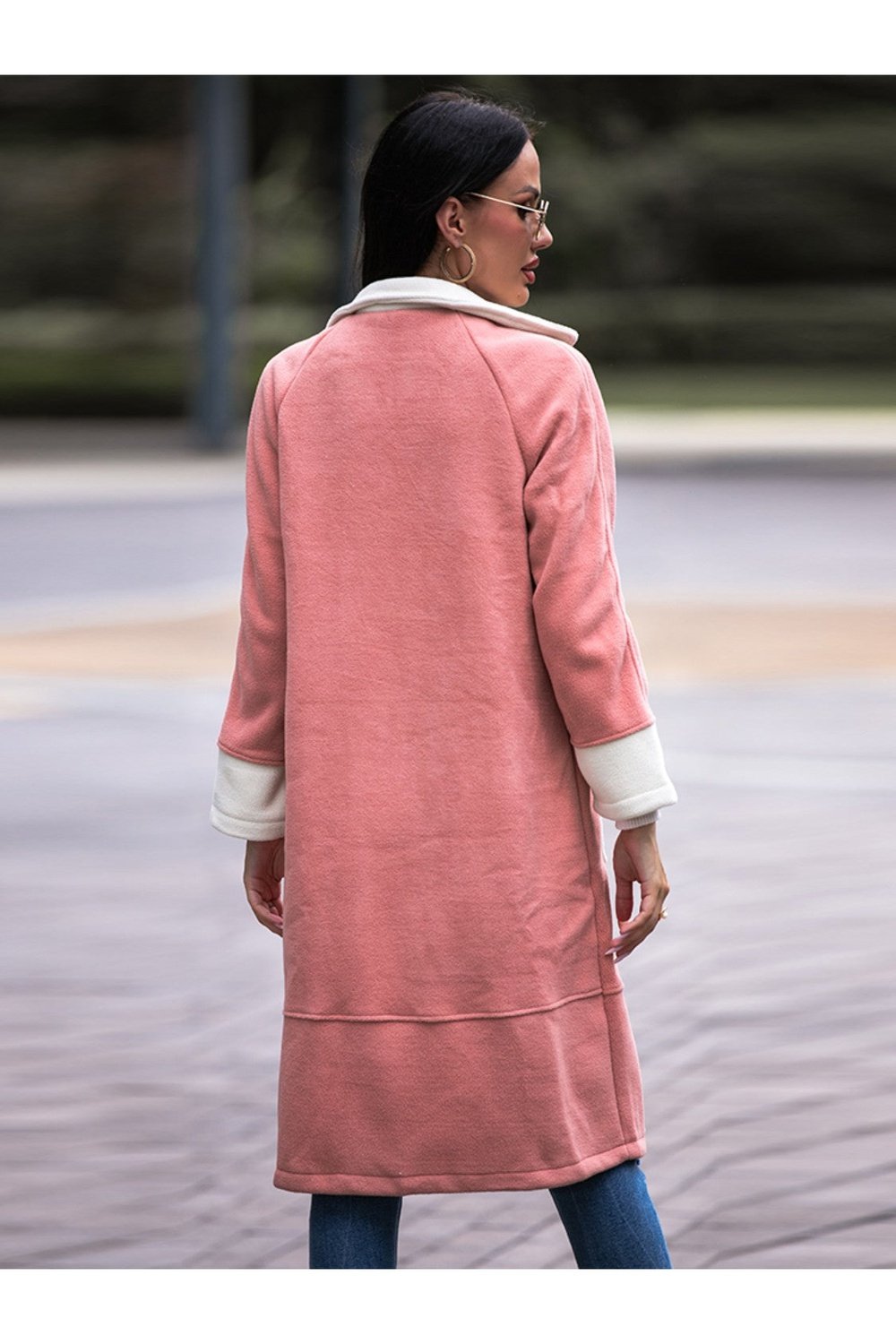 Contrast Lapel Collar Coat with Pockets