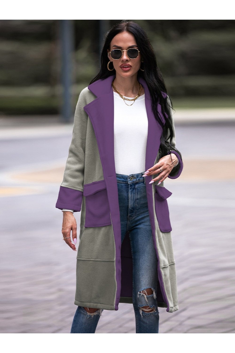 Contrast Lapel Collar Coat with Pockets