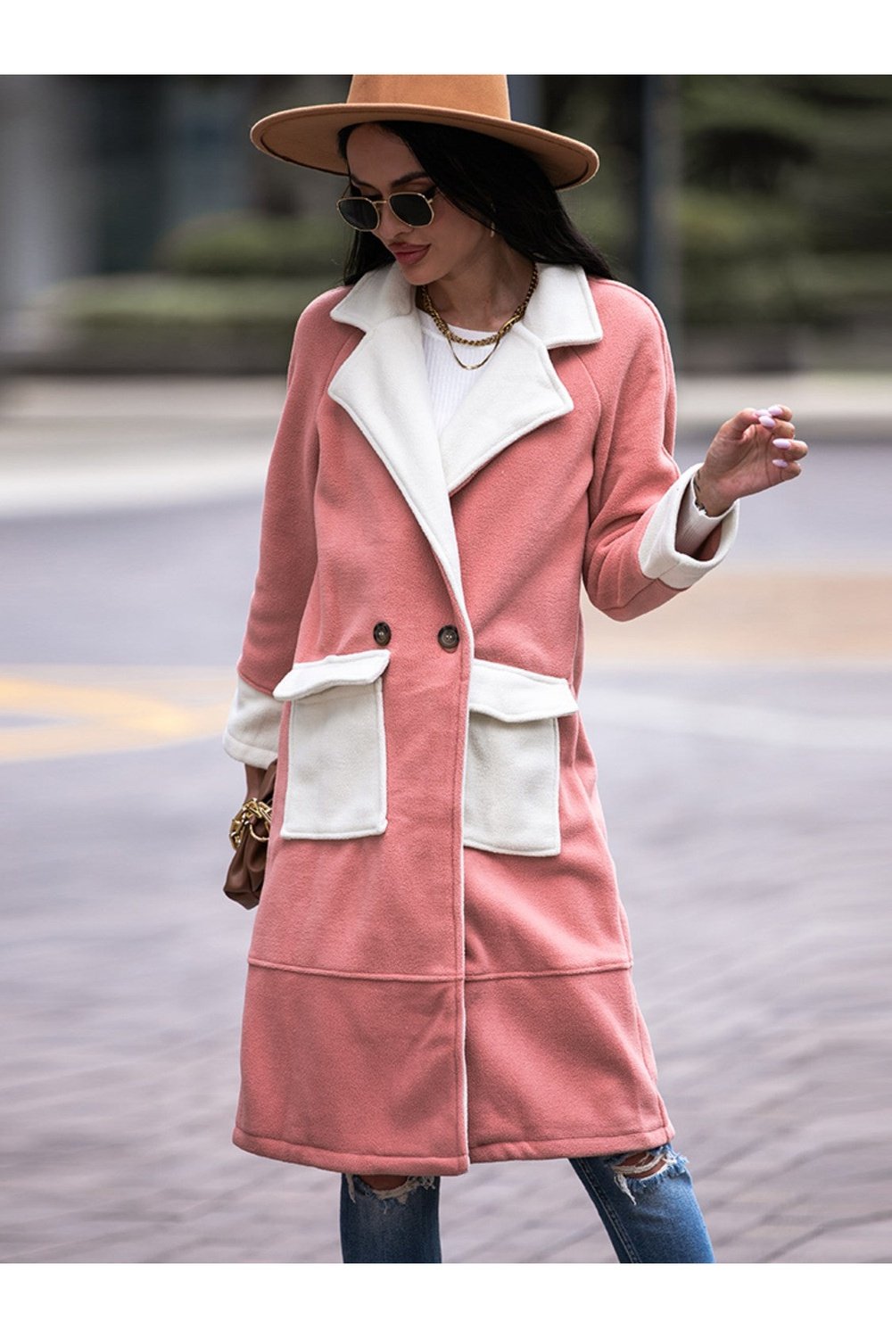 Contrast Lapel Collar Coat with Pockets