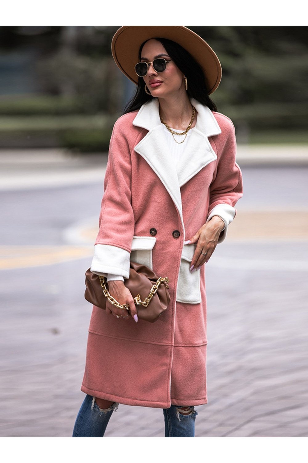 Contrast Lapel Collar Coat with Pockets