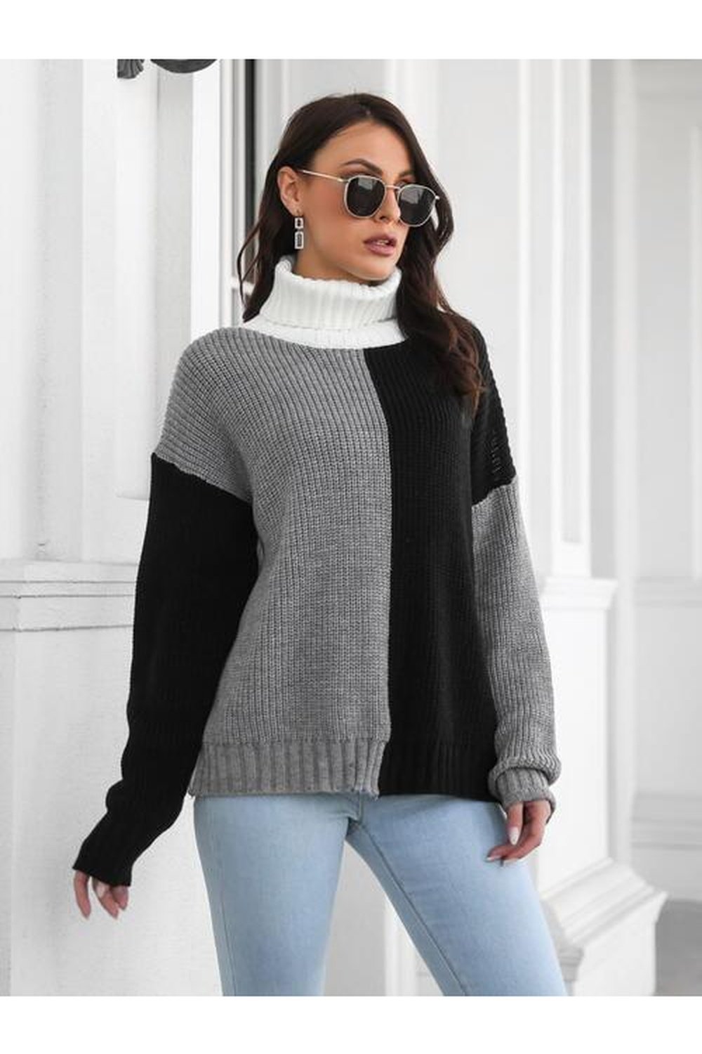 Contrast Turtleneck Long Sleeve Sweater