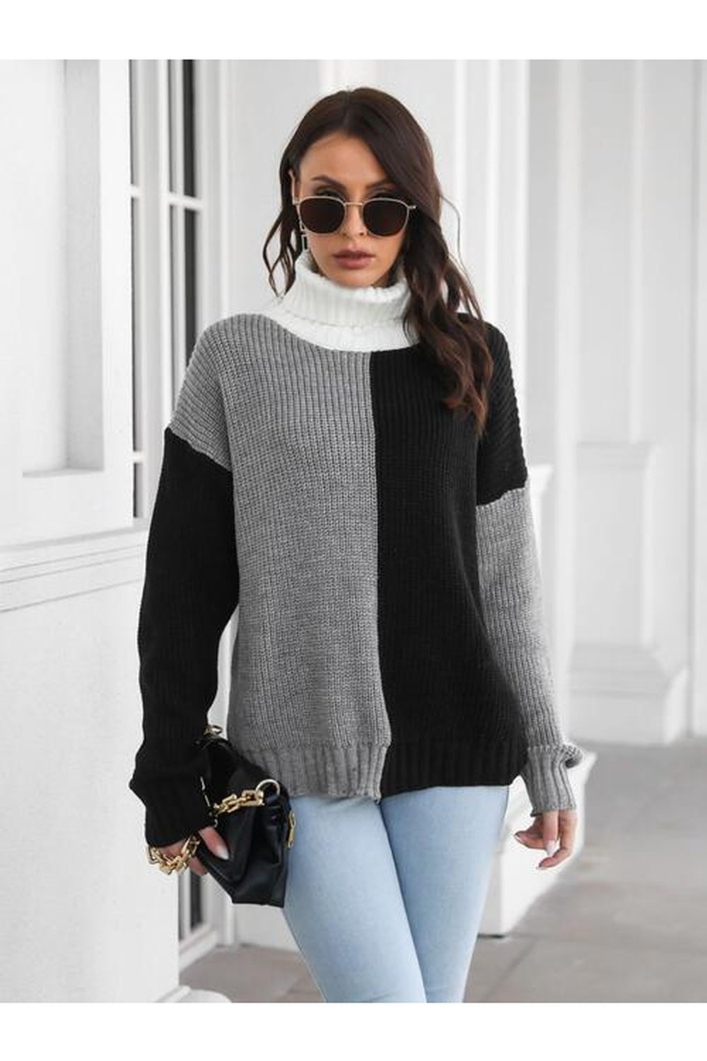 Contrast Turtleneck Long Sleeve Sweater