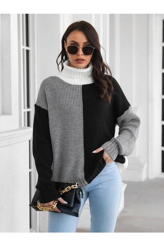 Contrast Turtleneck Long Sleeve Sweater