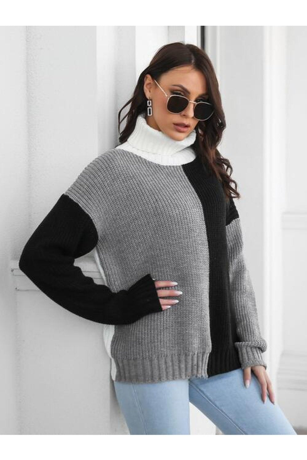 Contrast Turtleneck Long Sleeve Sweater