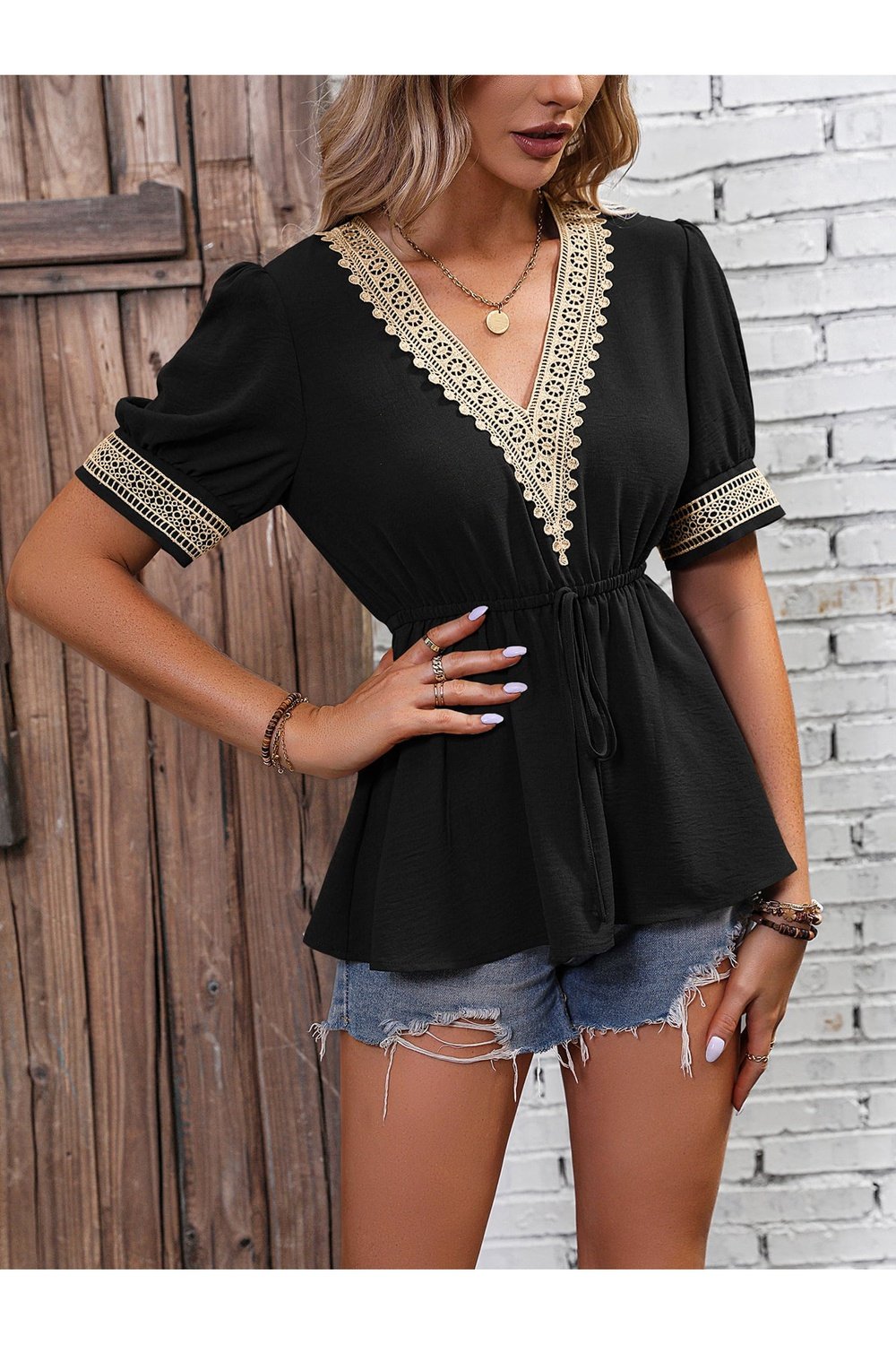 Contrast V-Neck Babydoll Top