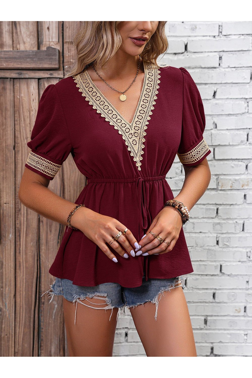 Contrast V-Neck Babydoll Top