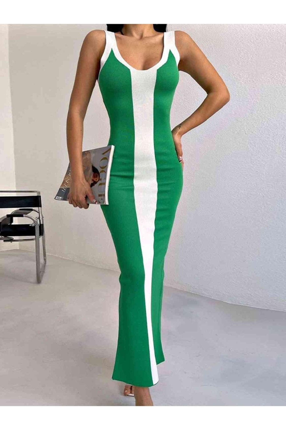 Contrast Wide Strap Slit Midi Dress