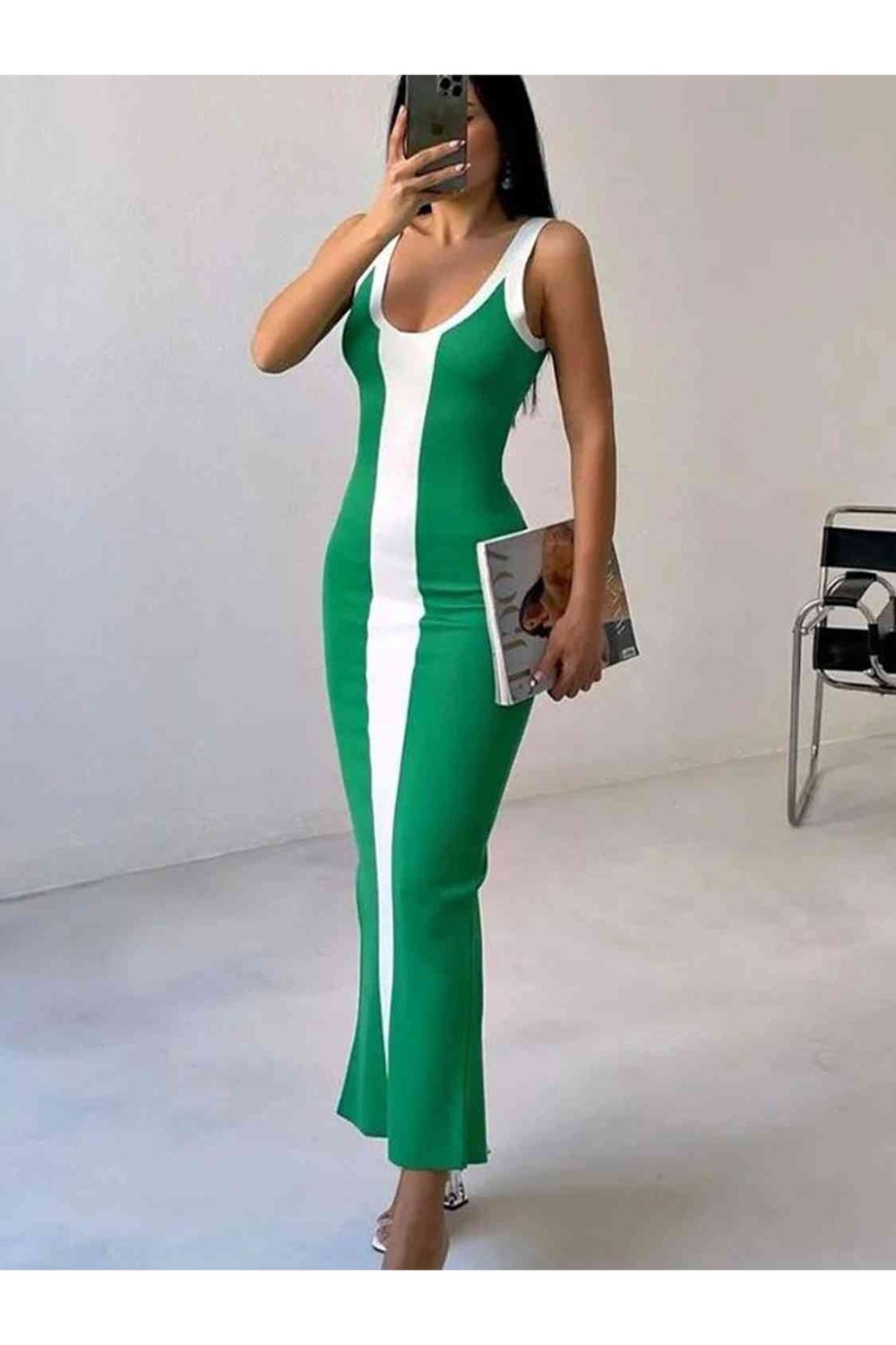 Contrast Wide Strap Slit Midi Dress