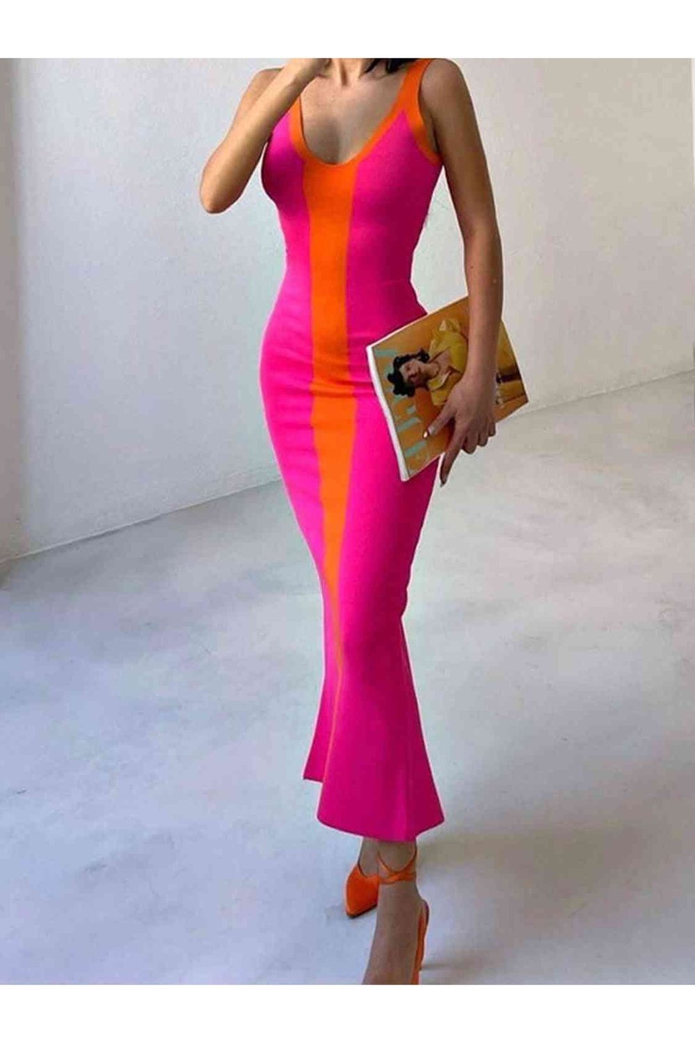 Contrast Wide Strap Slit Midi Dress