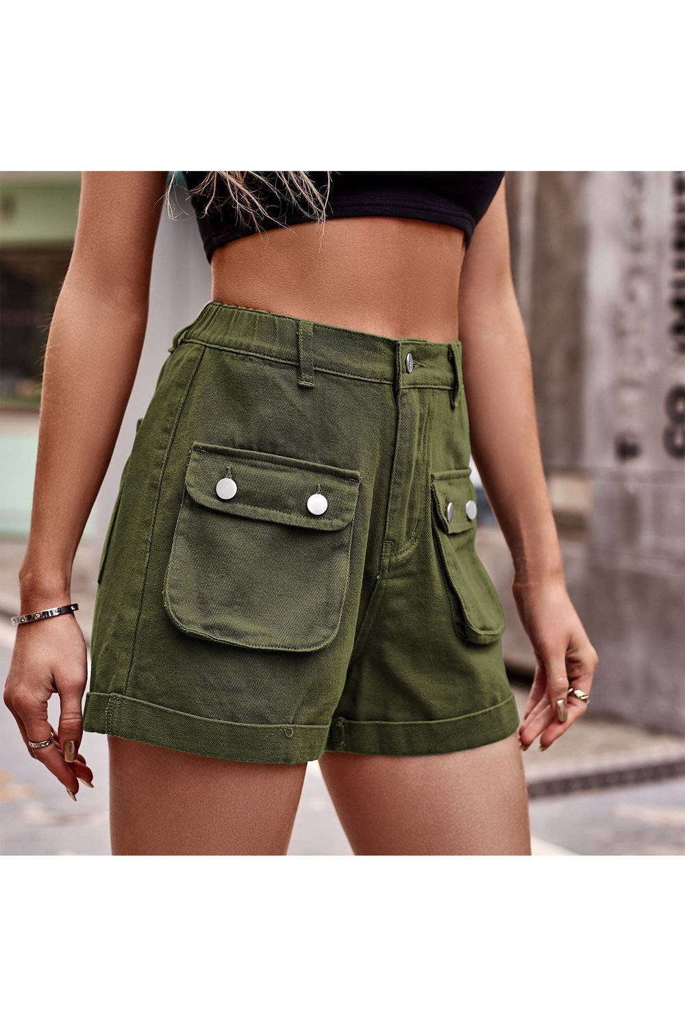 Cuffed Denim Shorts with Pockets