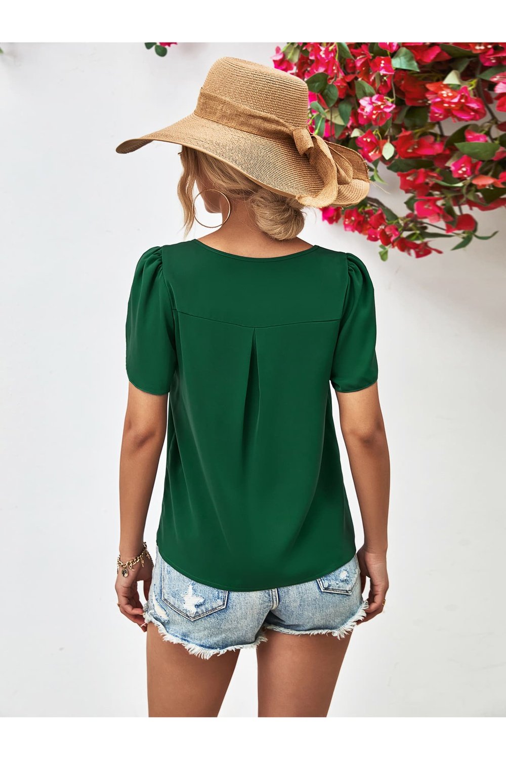 Cutout Round Neck Petal Sleeve Blouse