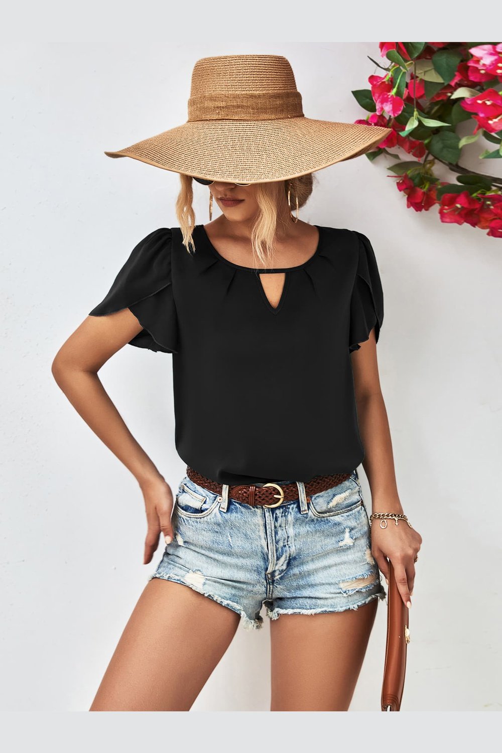 Cutout Round Neck Petal Sleeve Blouse