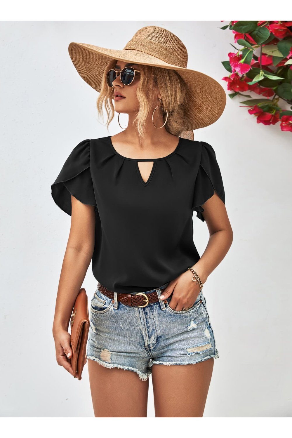 Cutout Round Neck Petal Sleeve Blouse