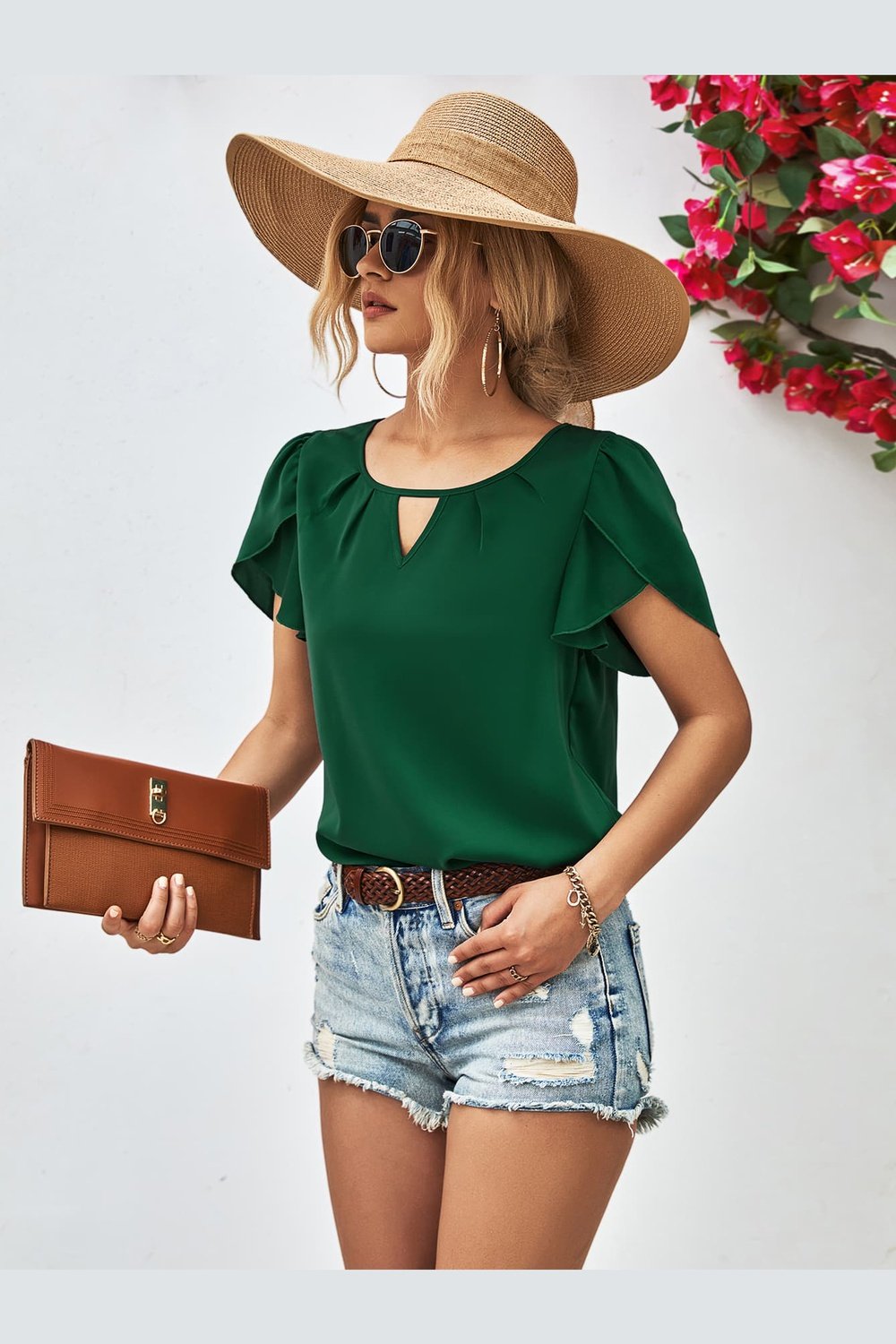 Cutout Round Neck Petal Sleeve Blouse