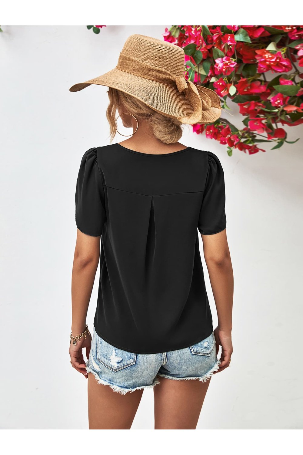 Cutout Round Neck Petal Sleeve Blouse