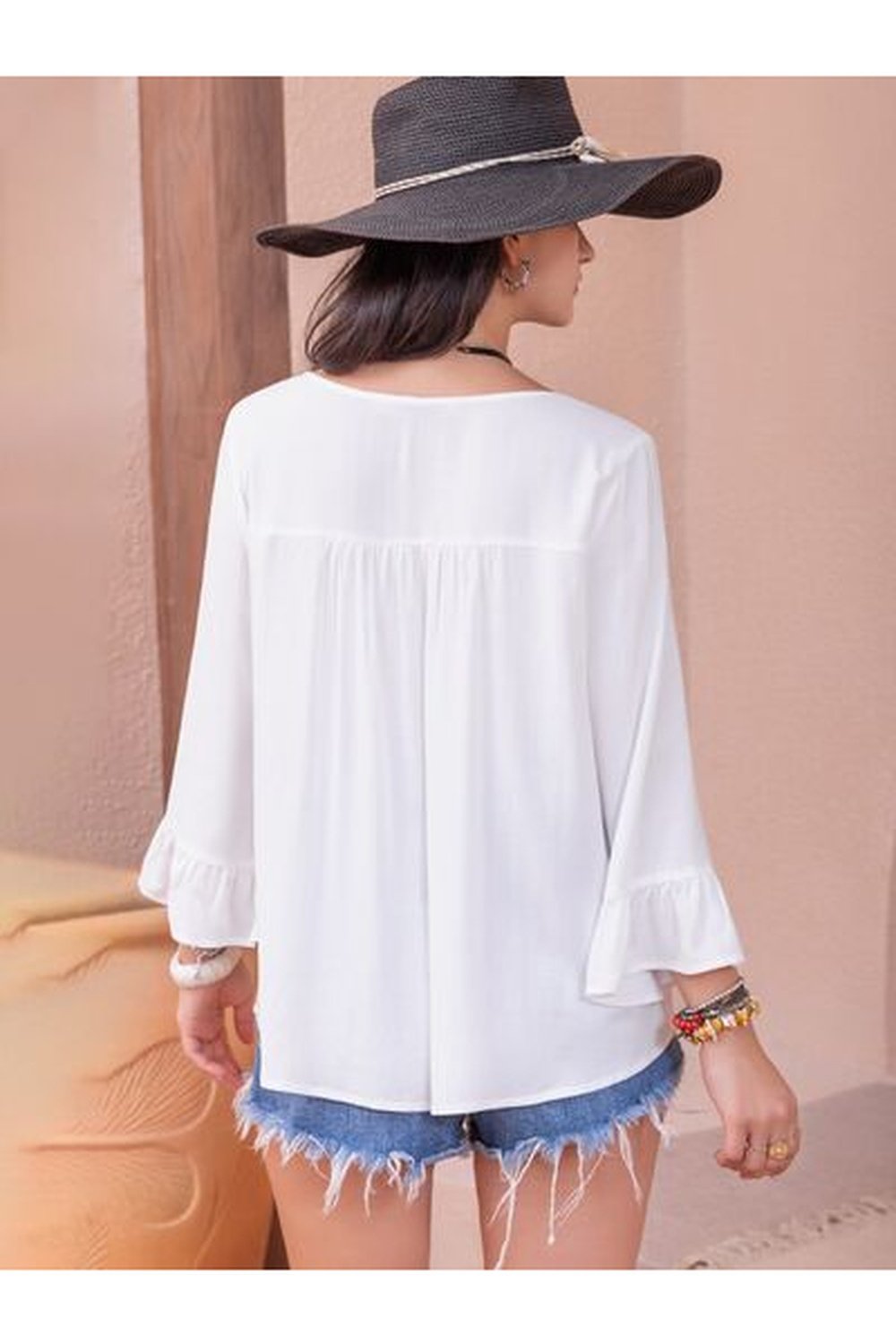 Cutout V-Neck Flounce Sleeve Blouse