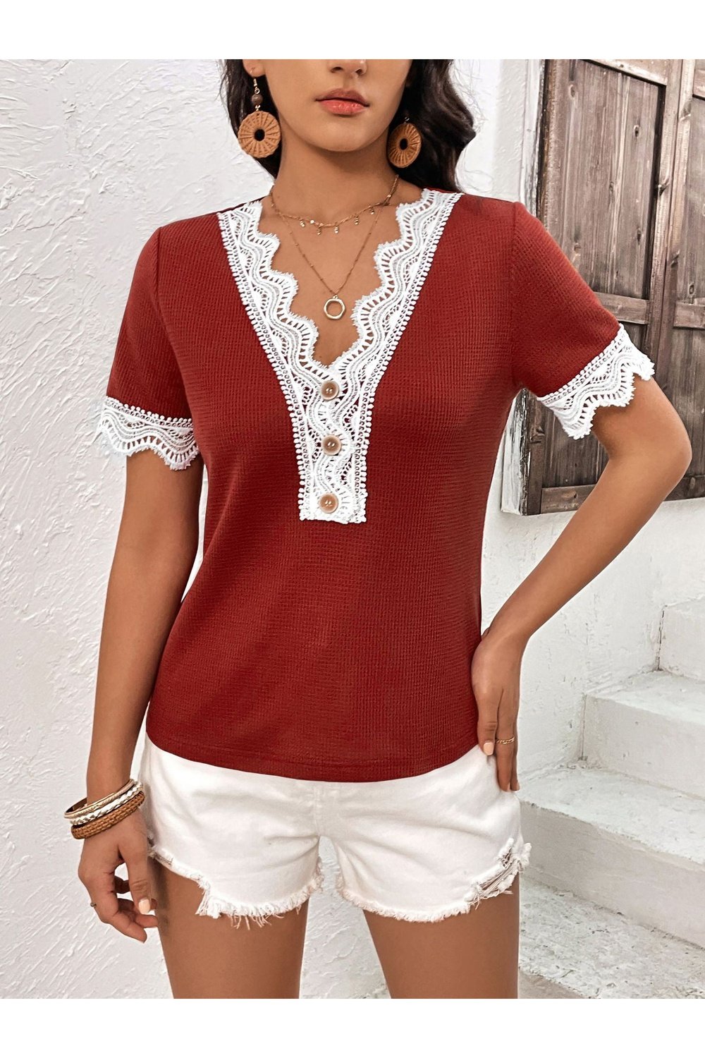 Decorative Button Spliced Lace Short Sleeve Top