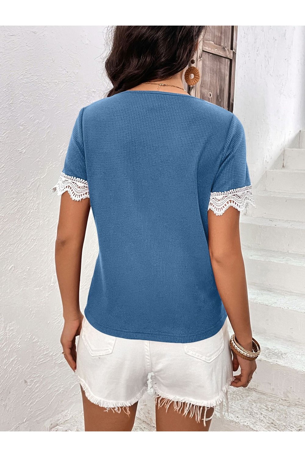 Decorative Button Spliced Lace Short Sleeve Top